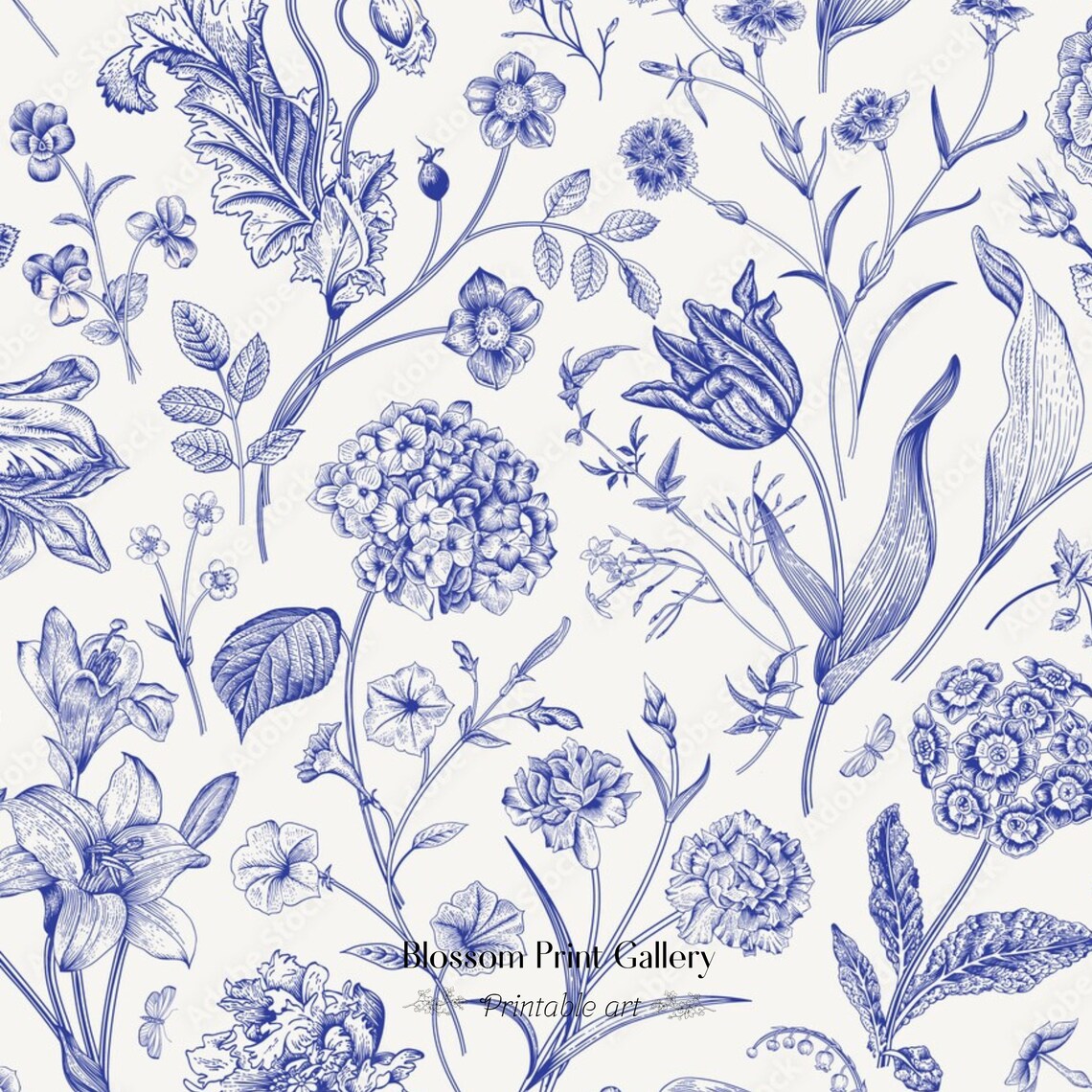 Blue White Botanical Toile Floral Line Illustration Garden Poster - Image 3