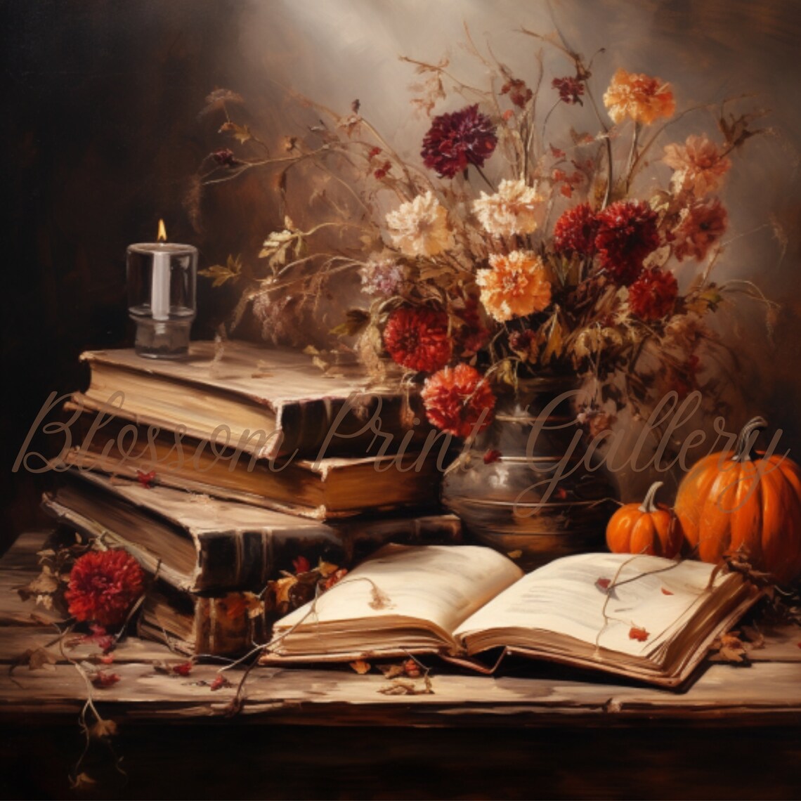 Cozy Autumn Still Life Antique Books Open Book Pumpkins Dark Art Poster - Image 3