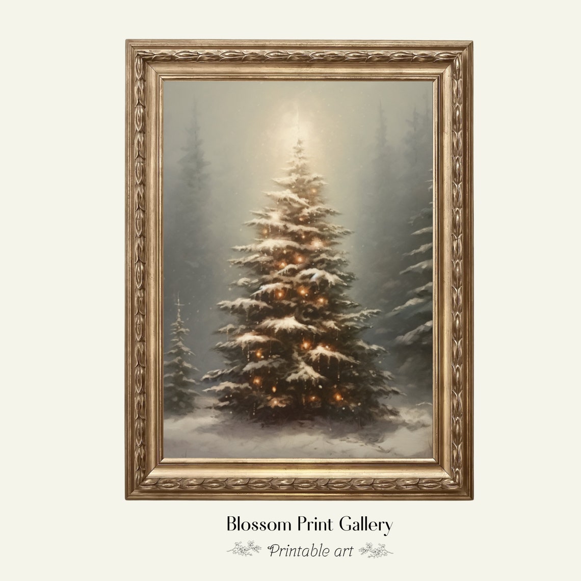 Snowy Pine Tree with Warm Lights Vintage Winter Landscape Poster - Image 6