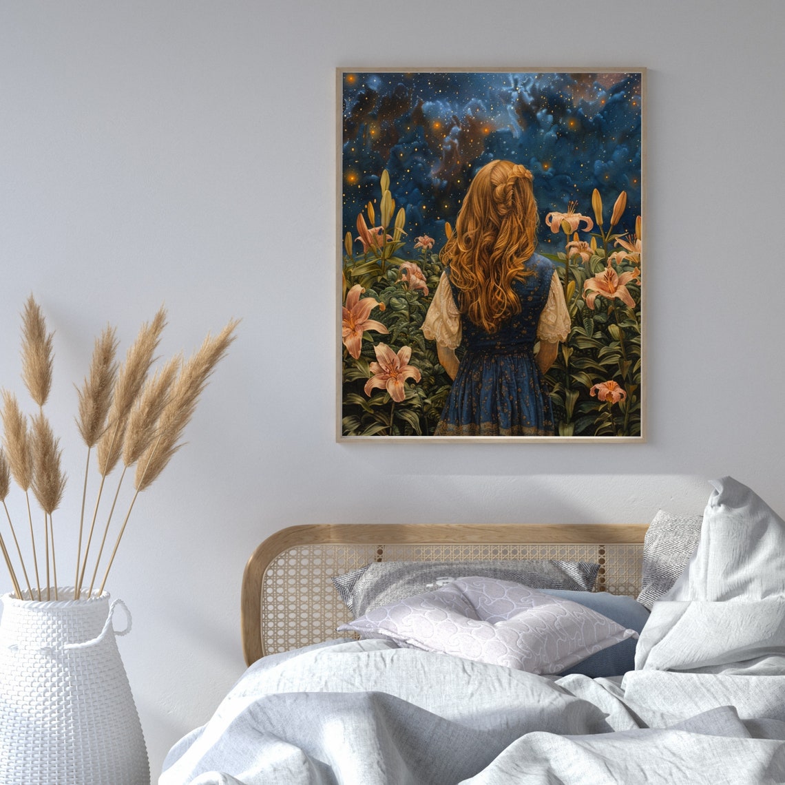 Dreamy Red Haired Girl Among Lilies Under Starry Night Poster - Image 3