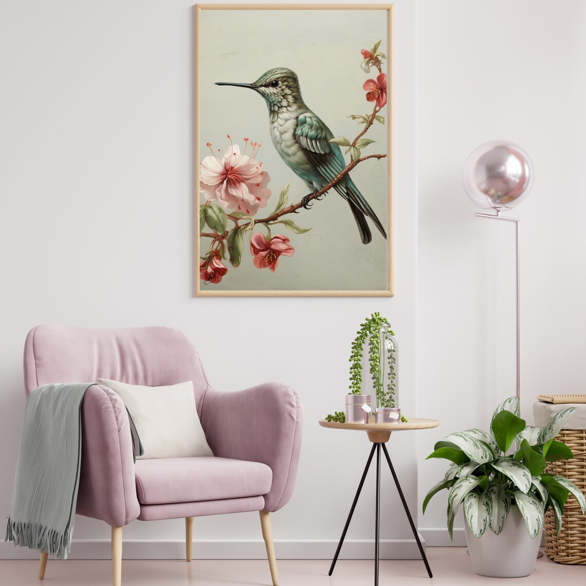 Green Hummingbird Perched on a Blossom Branch Vintage Bird Wall Art - Image 6