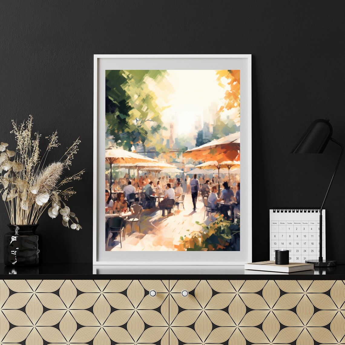 Sunny Outdoor Cafe Terrace With Umbrellas And Happy Diners Print - Image 5