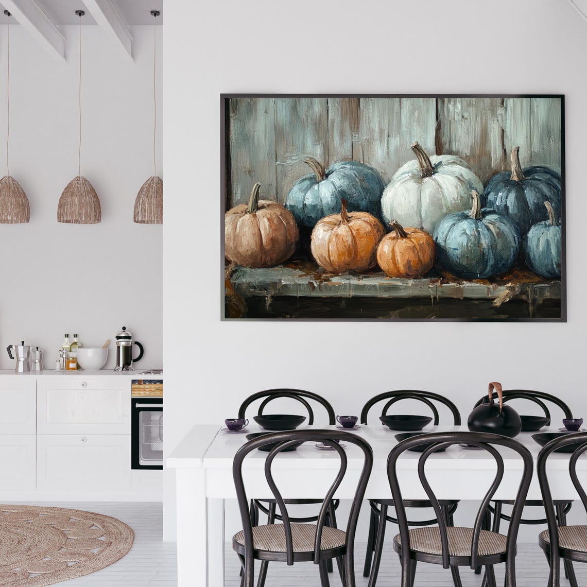 Blue And Orange Pumpkins Still Life Rustic Fall Painting Poster - Image 5