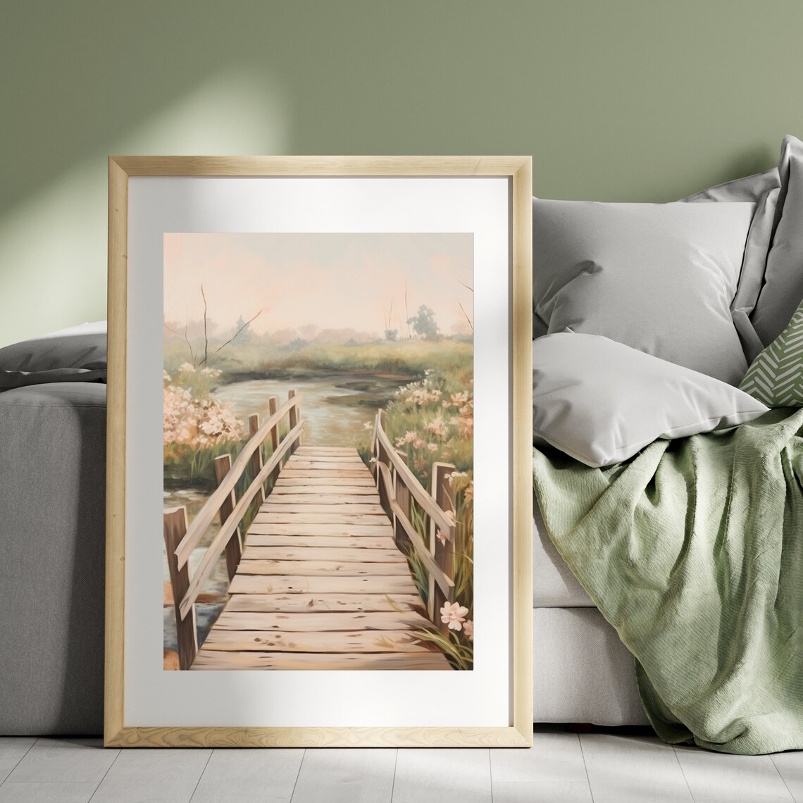 Wooden Footbridge over Stream with Wildflowers Painting Poster - Image 5