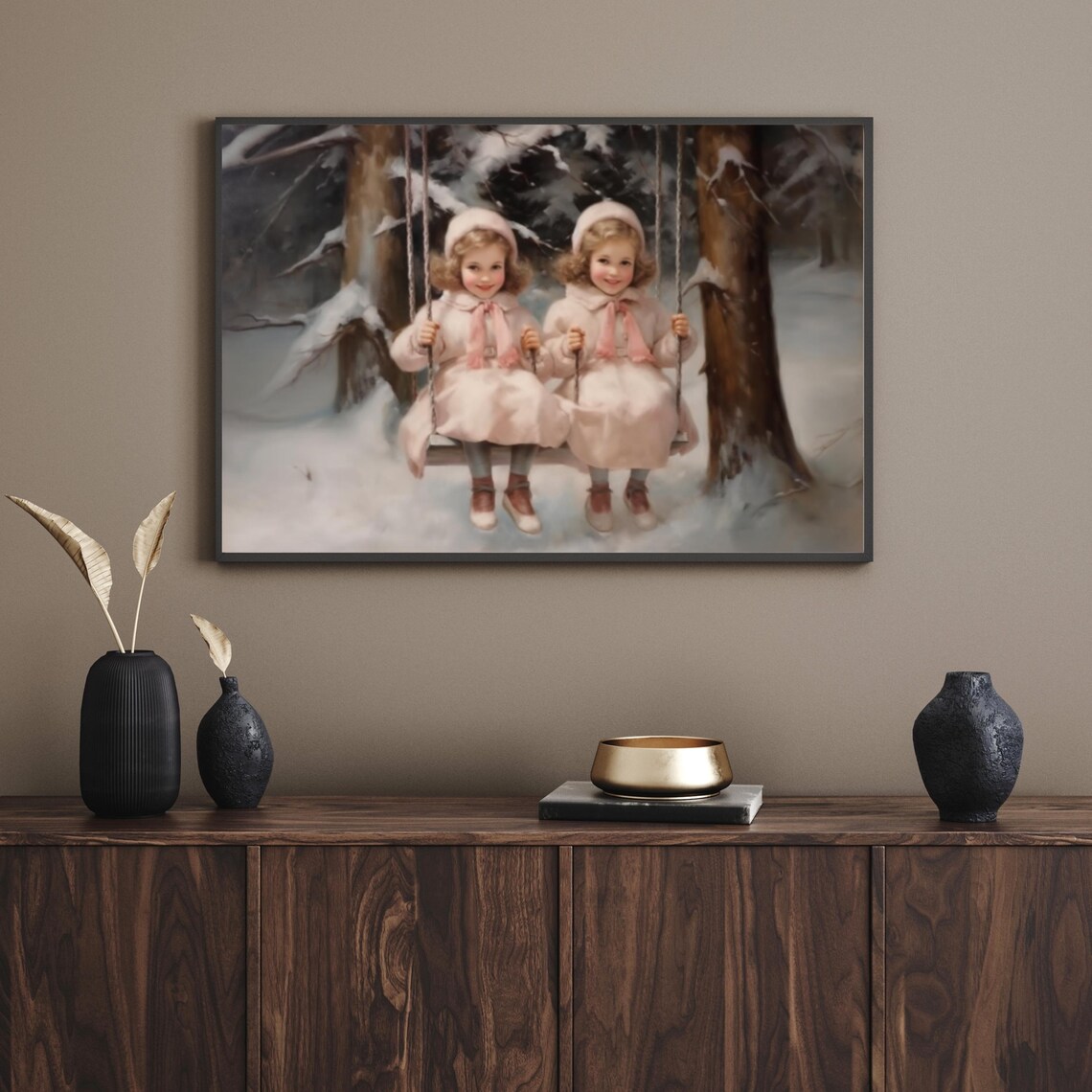 Two Girls On Swings In Snowy Winter Woods Vintage Christmas Art Poster - Image 5