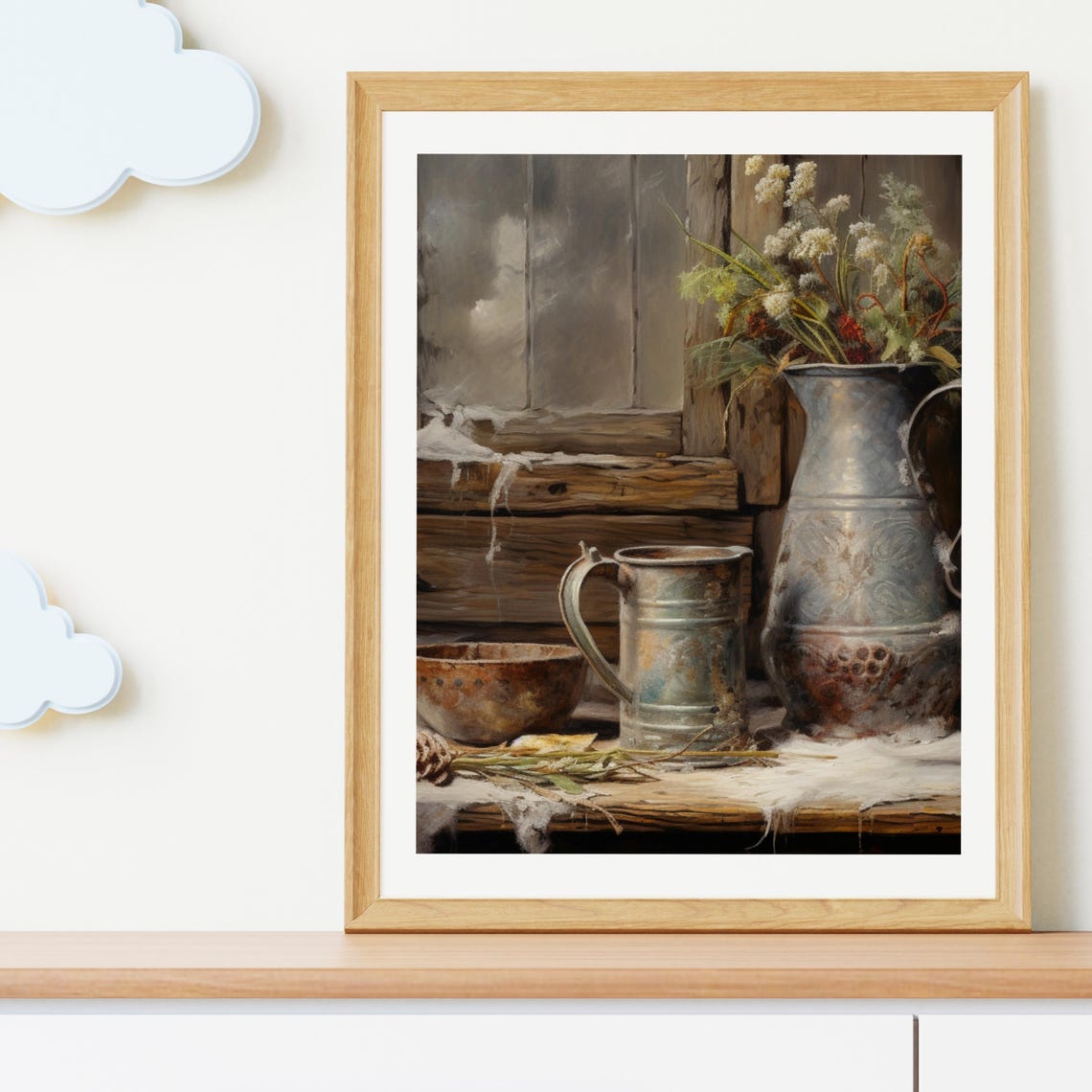 Weathered Metal Pitchers With Wildflowers On A Snowy Ledge Print - Image 2