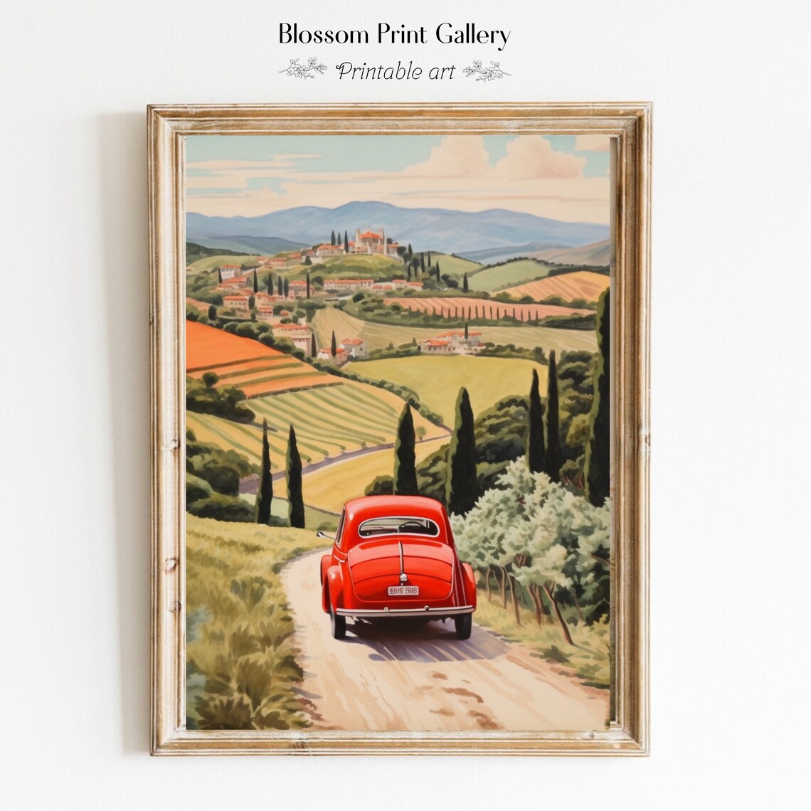 Red Vintage Car Tuscany Countryside Road Retro Travel Art Poster