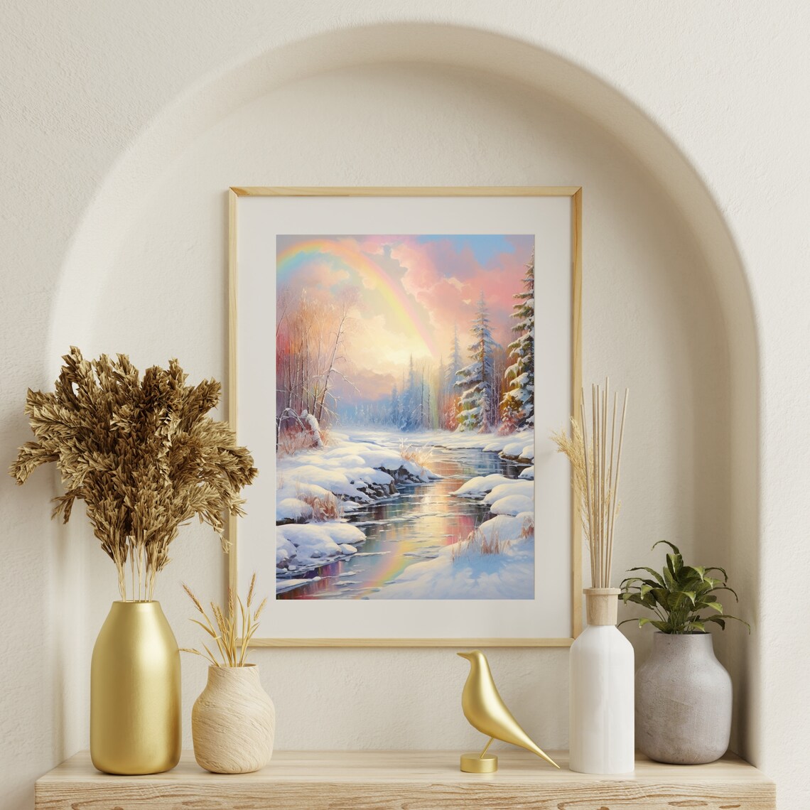 Snowy Winter Stream With A Rainbow Arching Over Snowy Banks Print - Image 5