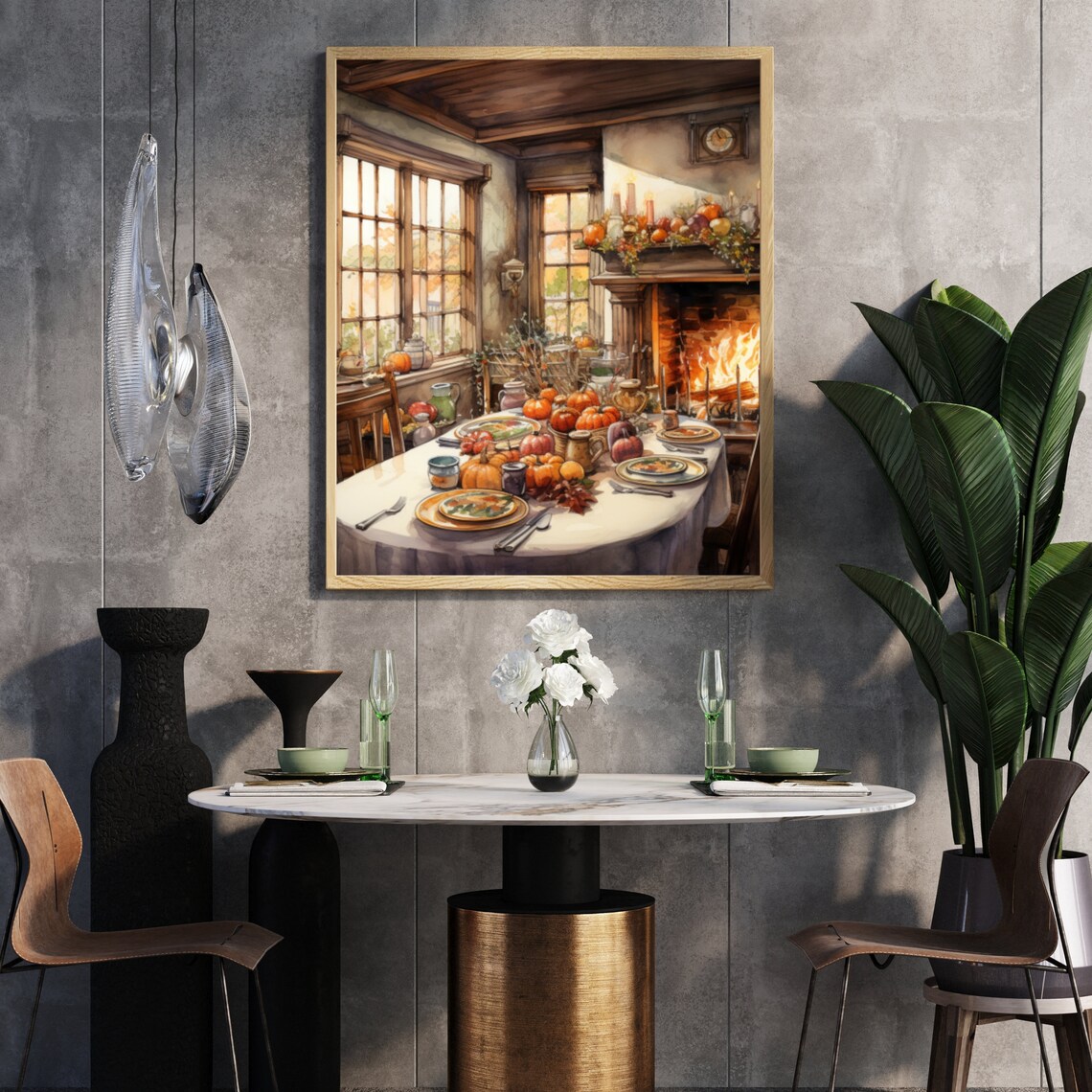 Cozy Harvest Thanksgiving Table by Fireplace Painting Poster - Image 5