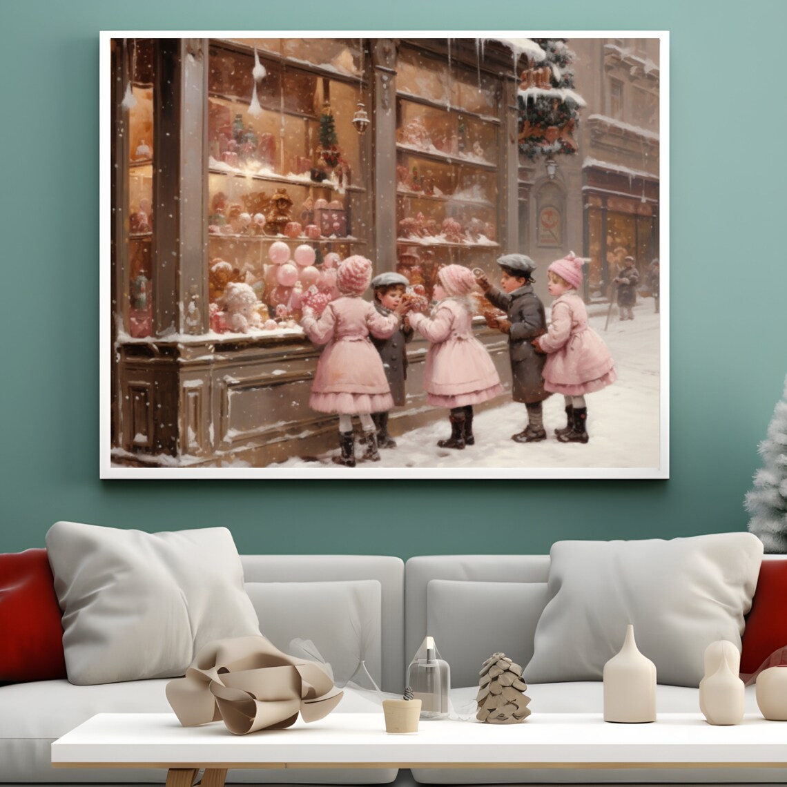 Vintage Christmas Wall Art Town City Painting Festive Holiday Home Decor Snowy Village Artwork Winter Street - Image 4