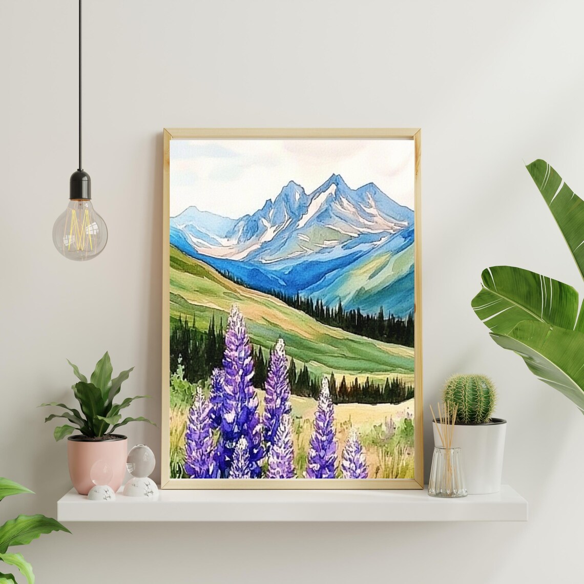 Alpine Lupine Flowers Blue Mountain Watercolor Landscape Poster - Image 5
