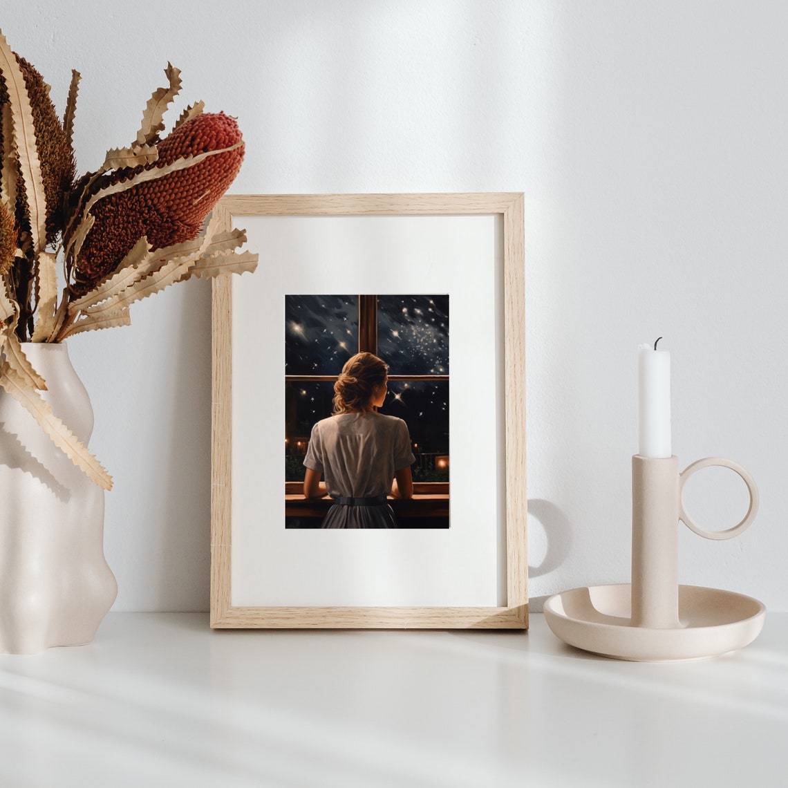 Woman Gazing Through Window At Starry Night Sky Moody Poster - Image 4