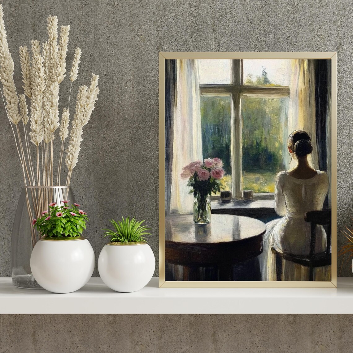 Woman By Window Pink Roses Sunlit Garden Vintage Painting Poster - Image 2