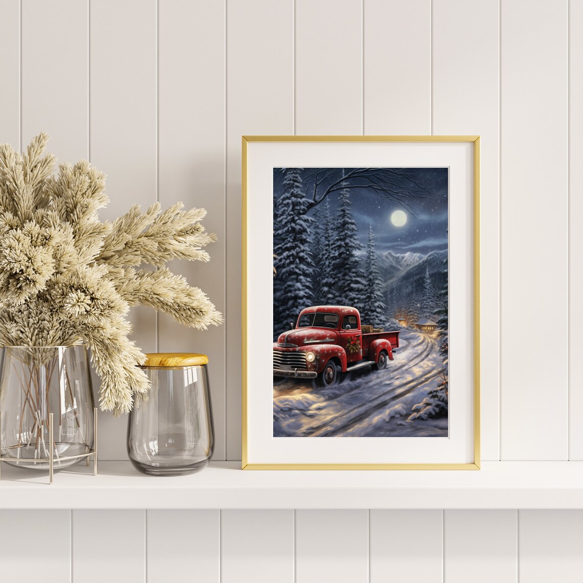 Vintage Red Truck on Moonlit Snowy Forest Road Painting Poster - Image 5