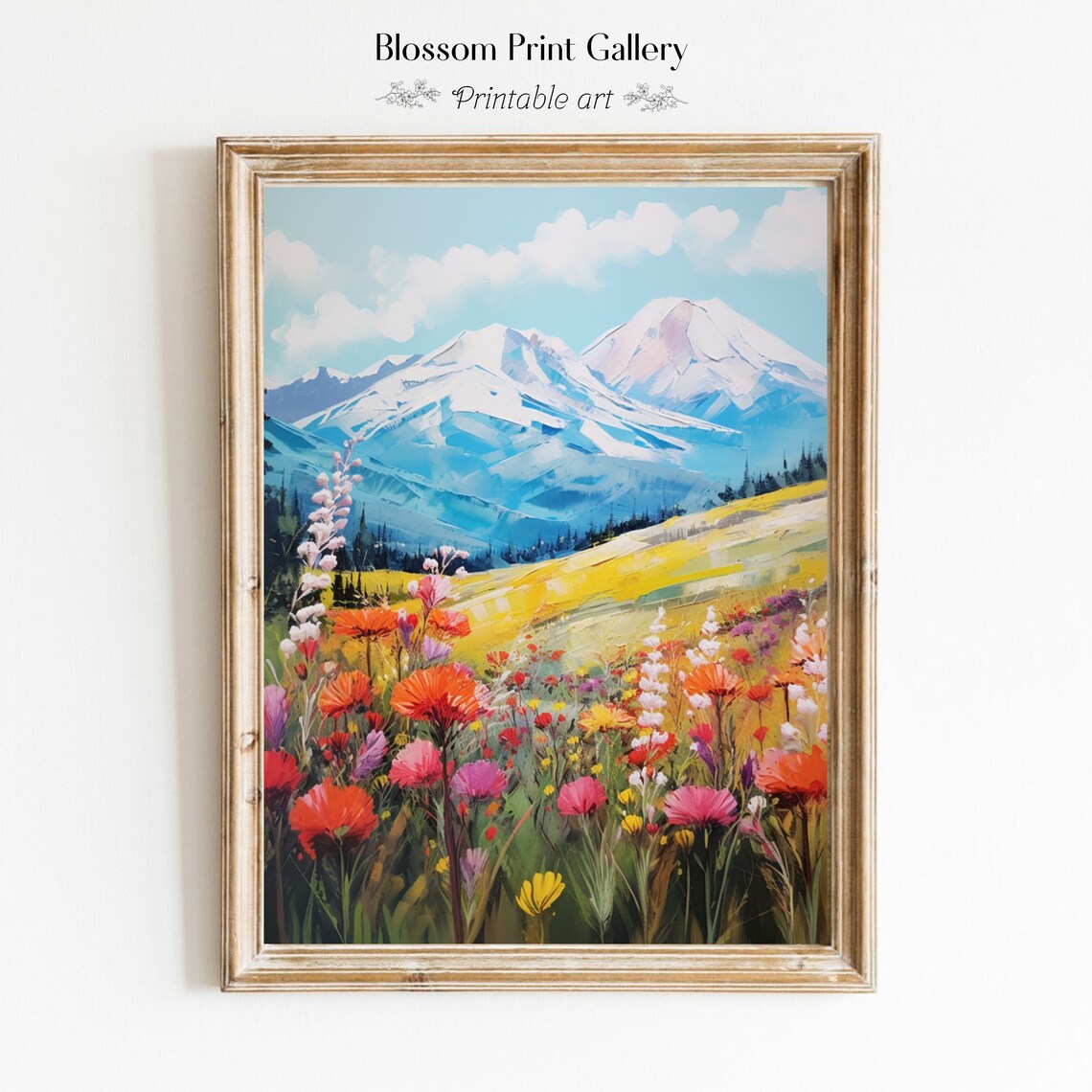 Vibrant Snowy Mountain Peaks Red Wildflowers Alpine Meadow Poster