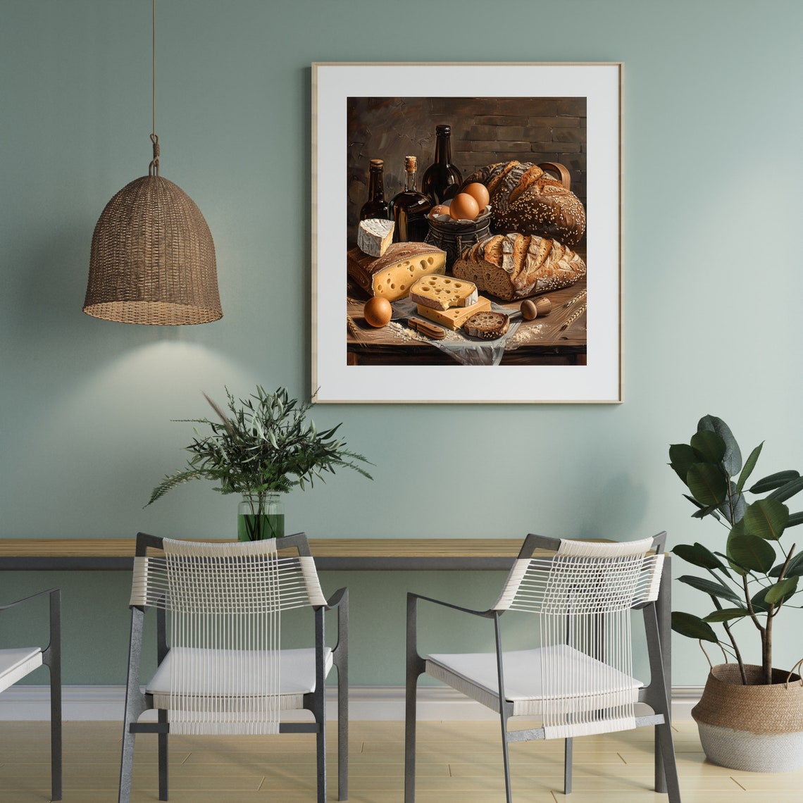 Hearty Rustic Bread Cheese Eggs And Wine Still Life Kitchen Poster - Image 2