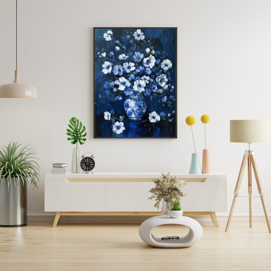 Blue And White Flowers In A Porcelain Vase On A Dark Background Print - Image 3