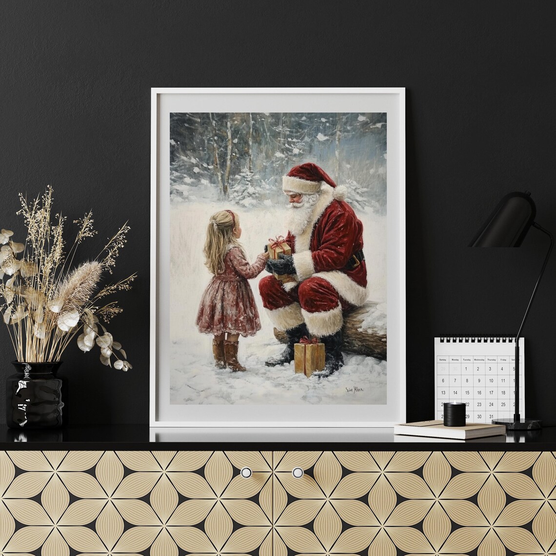Santa Claus Giving Gift to Little Girl in Snowy Forest Vintage Poster - Image 6