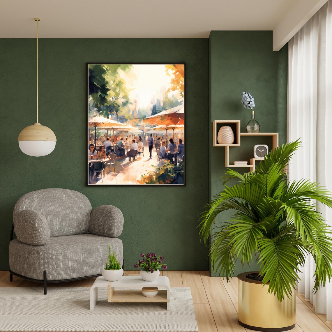 Sunny Outdoor Cafe Terrace With Umbrellas And Happy Diners Print - Image 2
