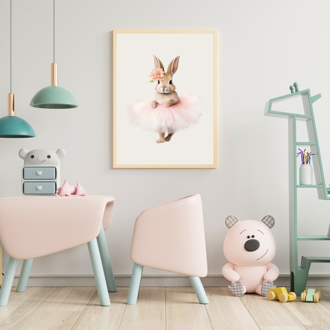 Cute Ballerina Bunny Pink Tutu Nursery Rabbit Painting Wall Art - Image 6