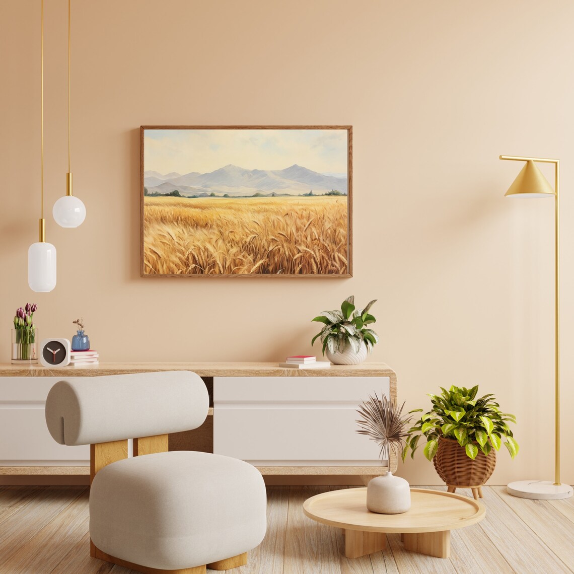 Golden Wheat Field With Mountains Farmhouse Landscape Poster - Image 3