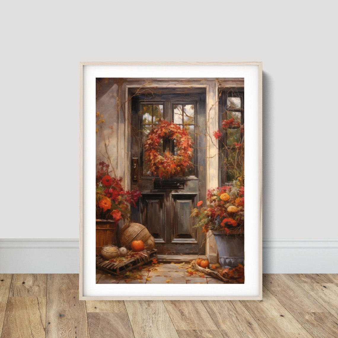 Rustic Autumn Front Door With Wreath And Pumpkins Fall Poster - Image 3