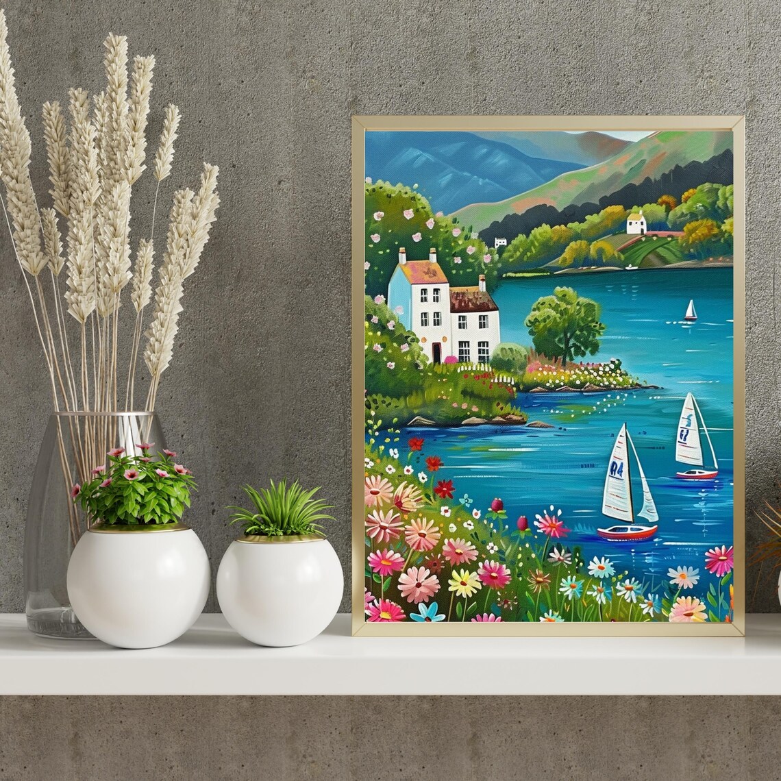 Vivid Coastal Lake Sailboats Folk Art Landscape Summer Poster - Image 2