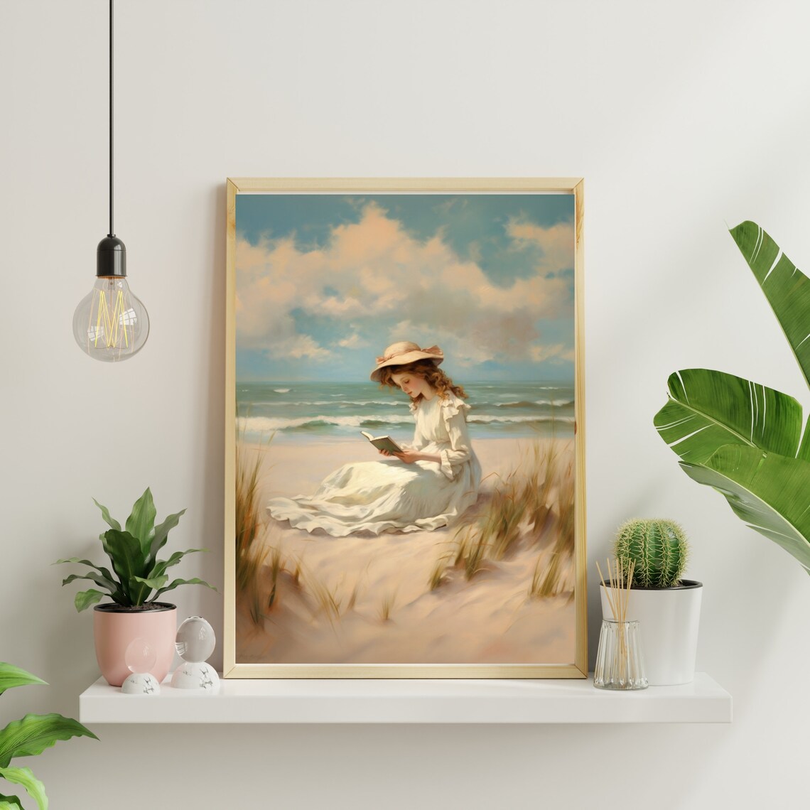 Woman Reading A Book On A Sunny Beach In White Dress Art Poster - Image 3