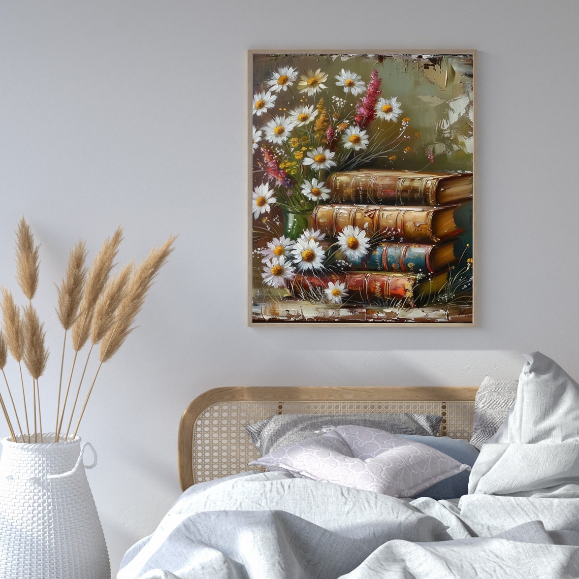 White Daisies with Stacked Antique Books Floral Artwork Poster - Image 5