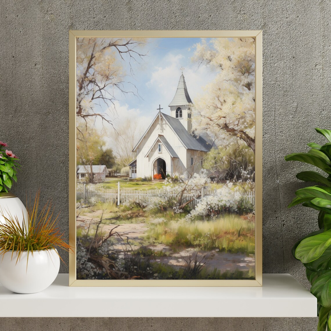 Vintage Church Print Spring Landscape Oil Painting Farmhouse Decor Living Room Wall Art Country Scenery 438 - Image 5