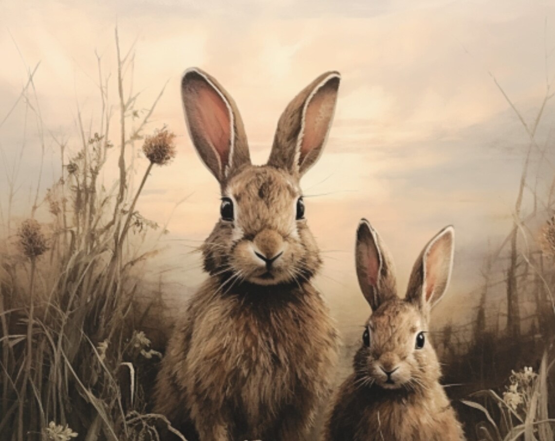 Pair Of Hares In Golden Field Vintage Wildlife Painting Poster - Image 2