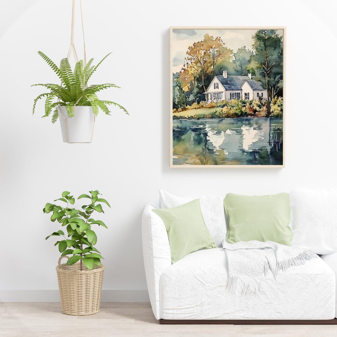 White Lake House Watercolor with Trees Reflected in Water Poster - Image 3