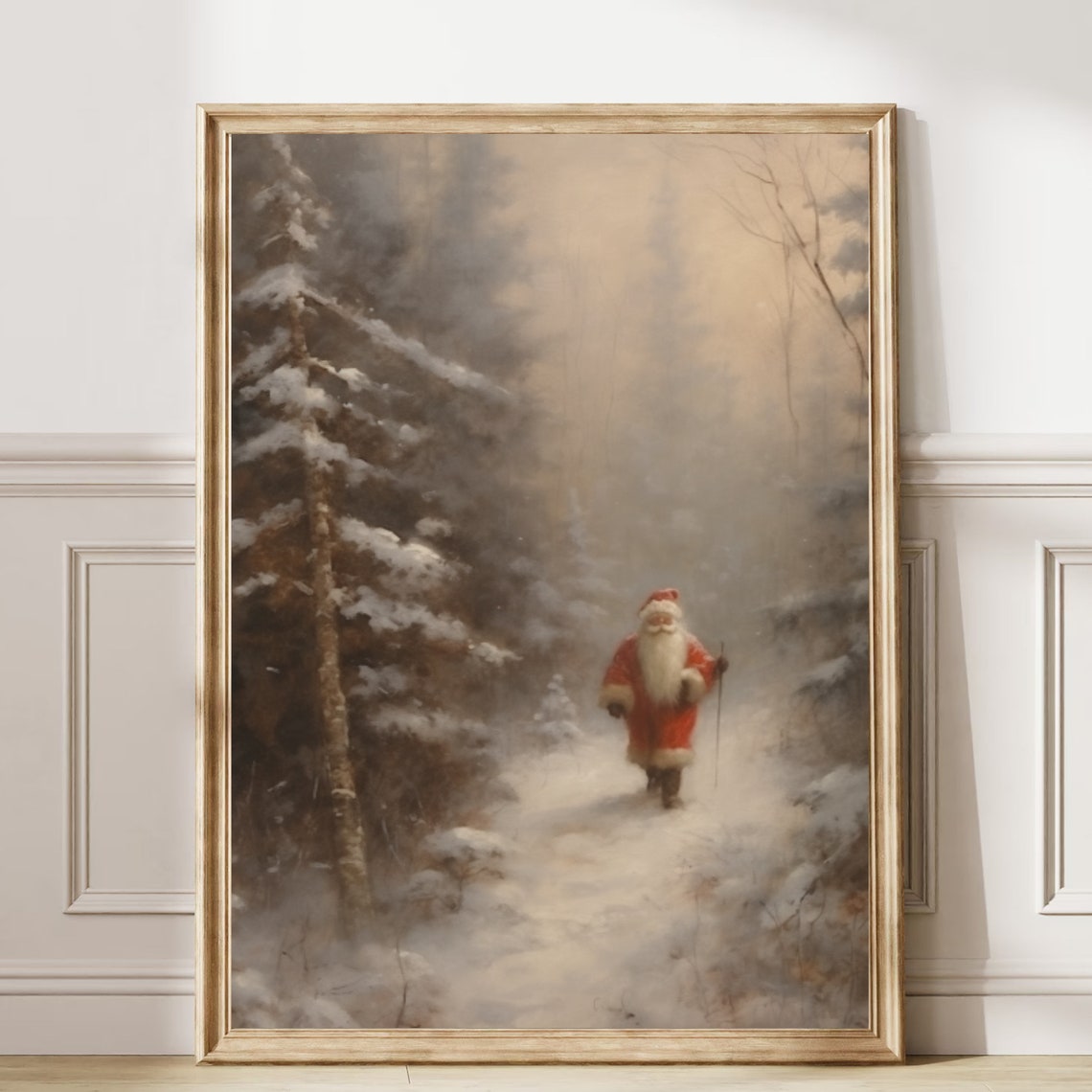 Santa Walking Through Snowy Winter Forest Vintage Christmas Poster - Image 6