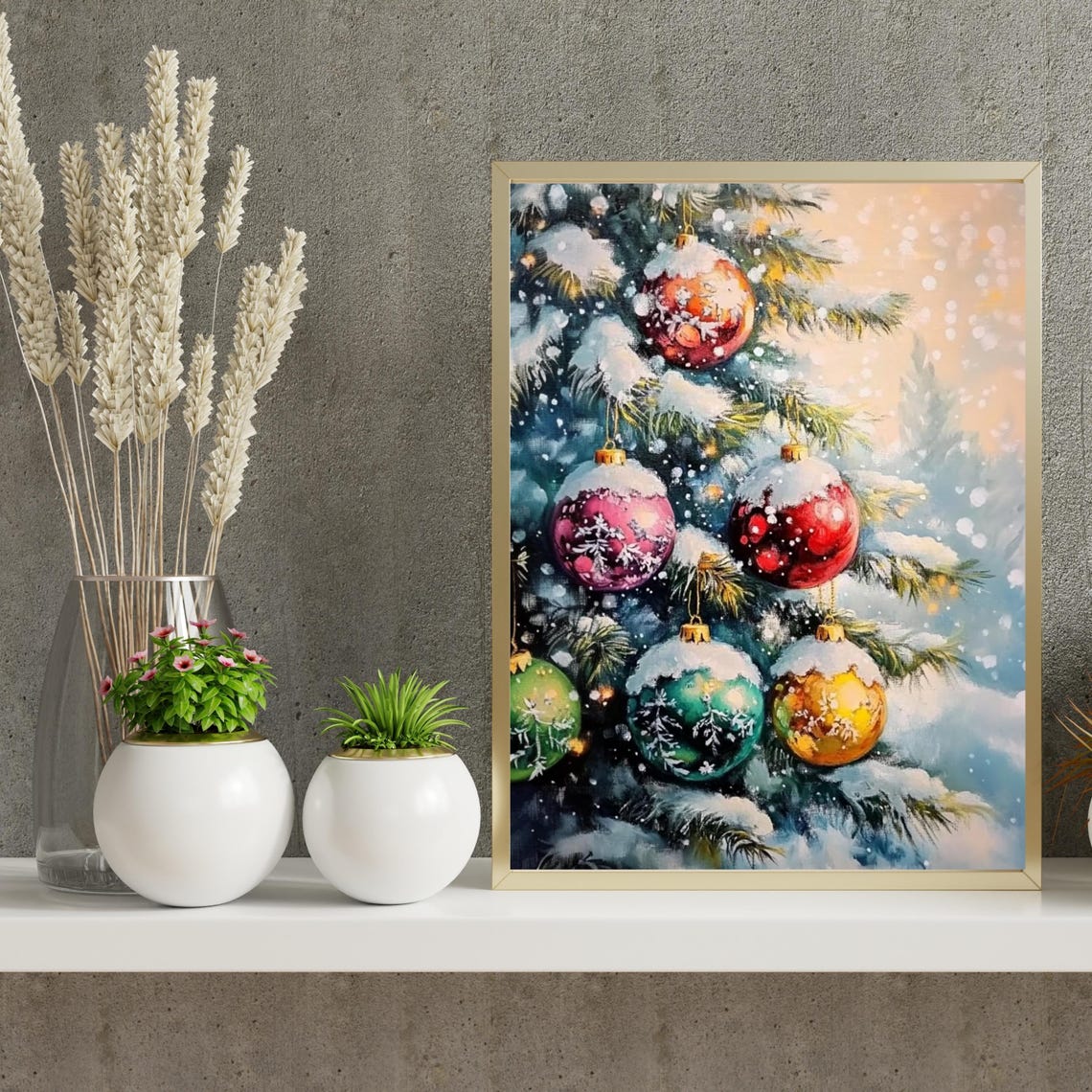 Snowy Christmas Tree Branch Colorful Bauble Winter Art Poster - Image 6
