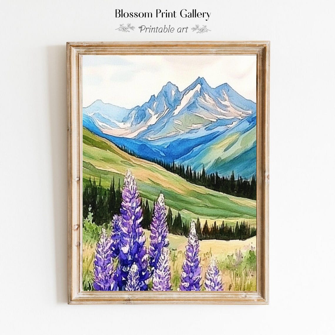 Alpine Lupine Flowers Blue Mountain Watercolor Landscape Poster