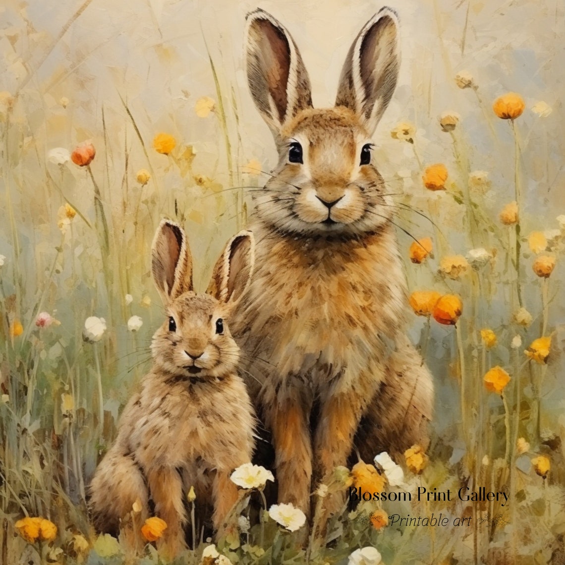 Two Hares in a Wildflower Meadow Rustic Vintage Animal Wall Art - Image 3