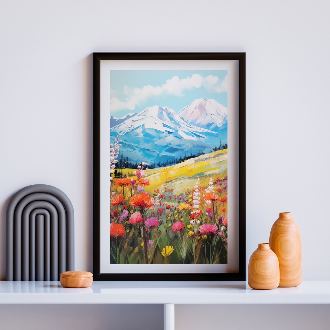 Vibrant Snowy Mountain Peaks Red Wildflowers Alpine Meadow Poster - Image 6