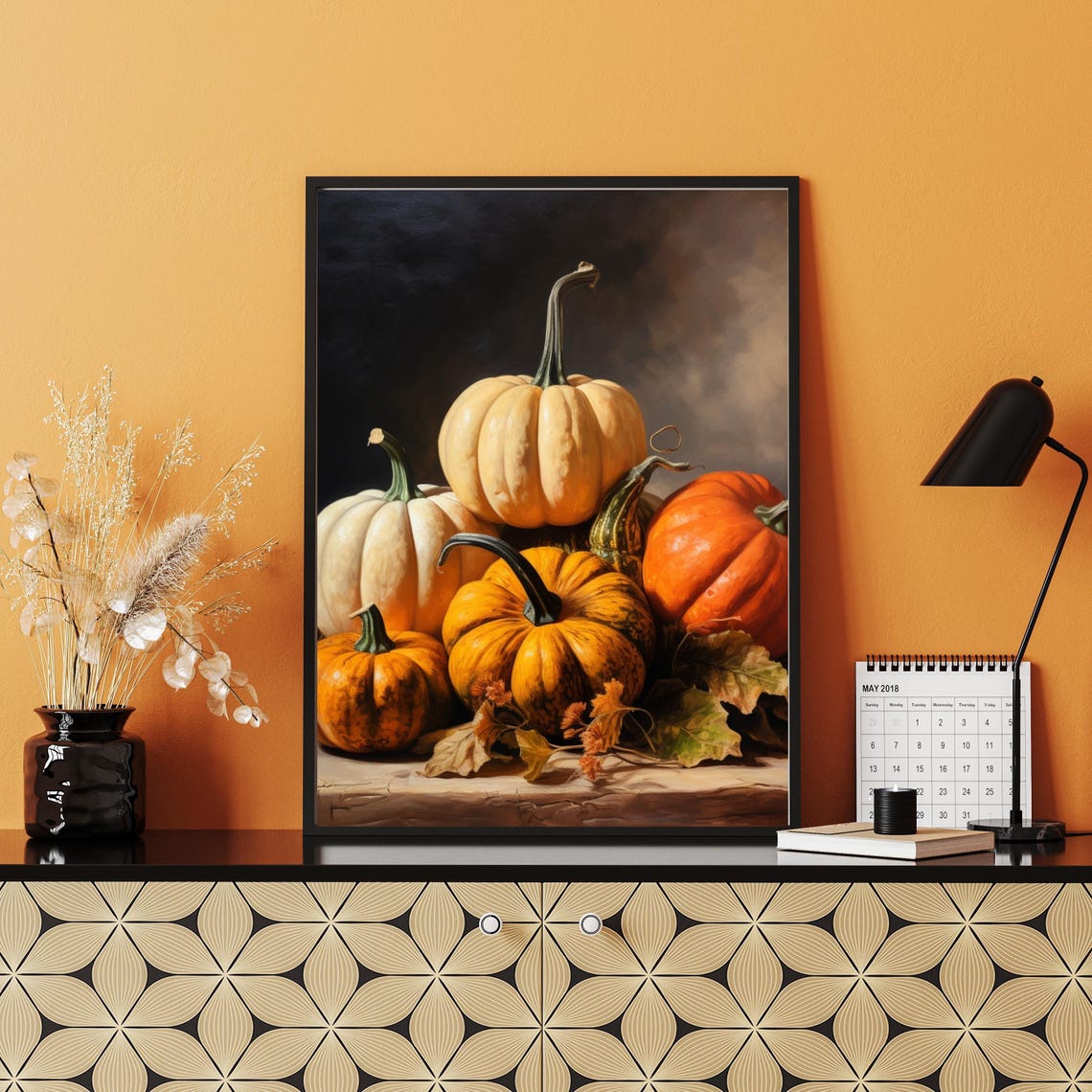 Autumn Pumpkins And Gourds Still Life Dark Fall Painting Poster - Image 4