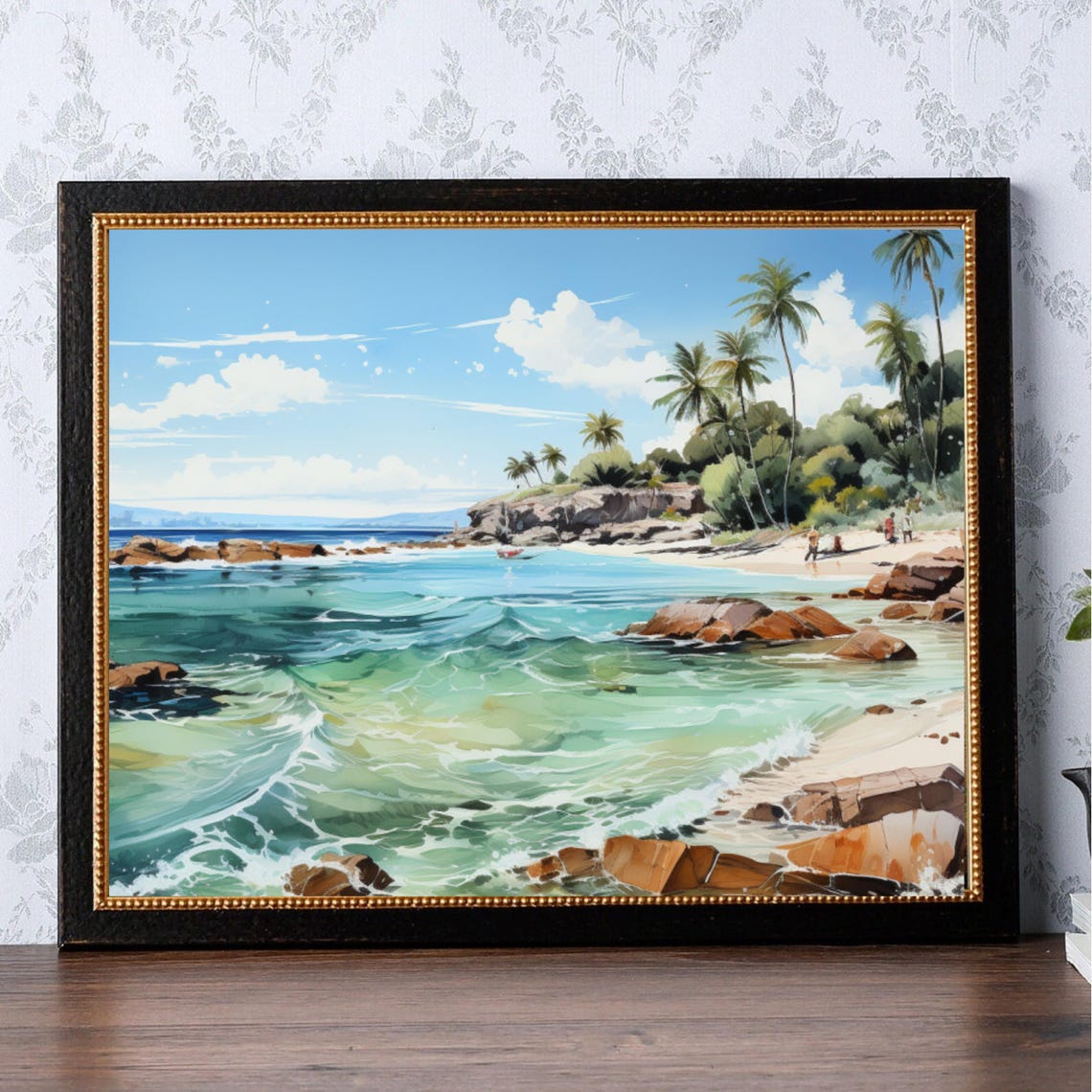 Tropical Beach With Palm Trees Turquoise Waves Painting Poster - Image 2