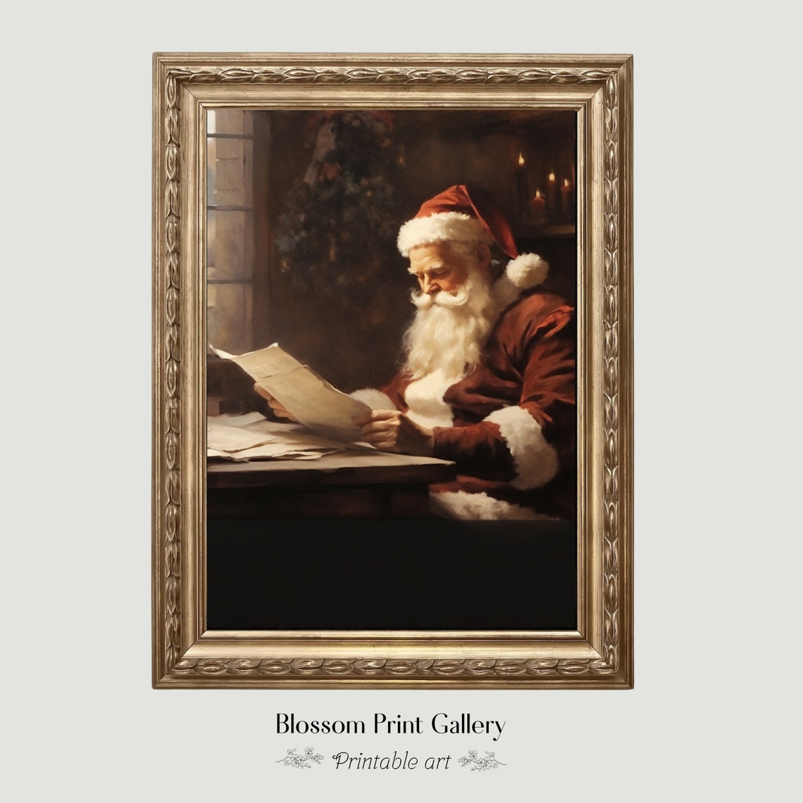 Santa Claus Reading Christmas Letters Candlelight Painting Poster