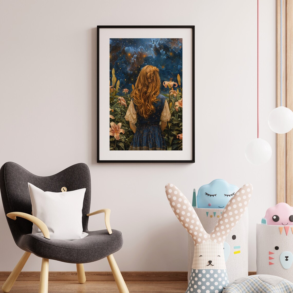 Dreamy Red Haired Girl Among Lilies Under Starry Night Poster - Image 6