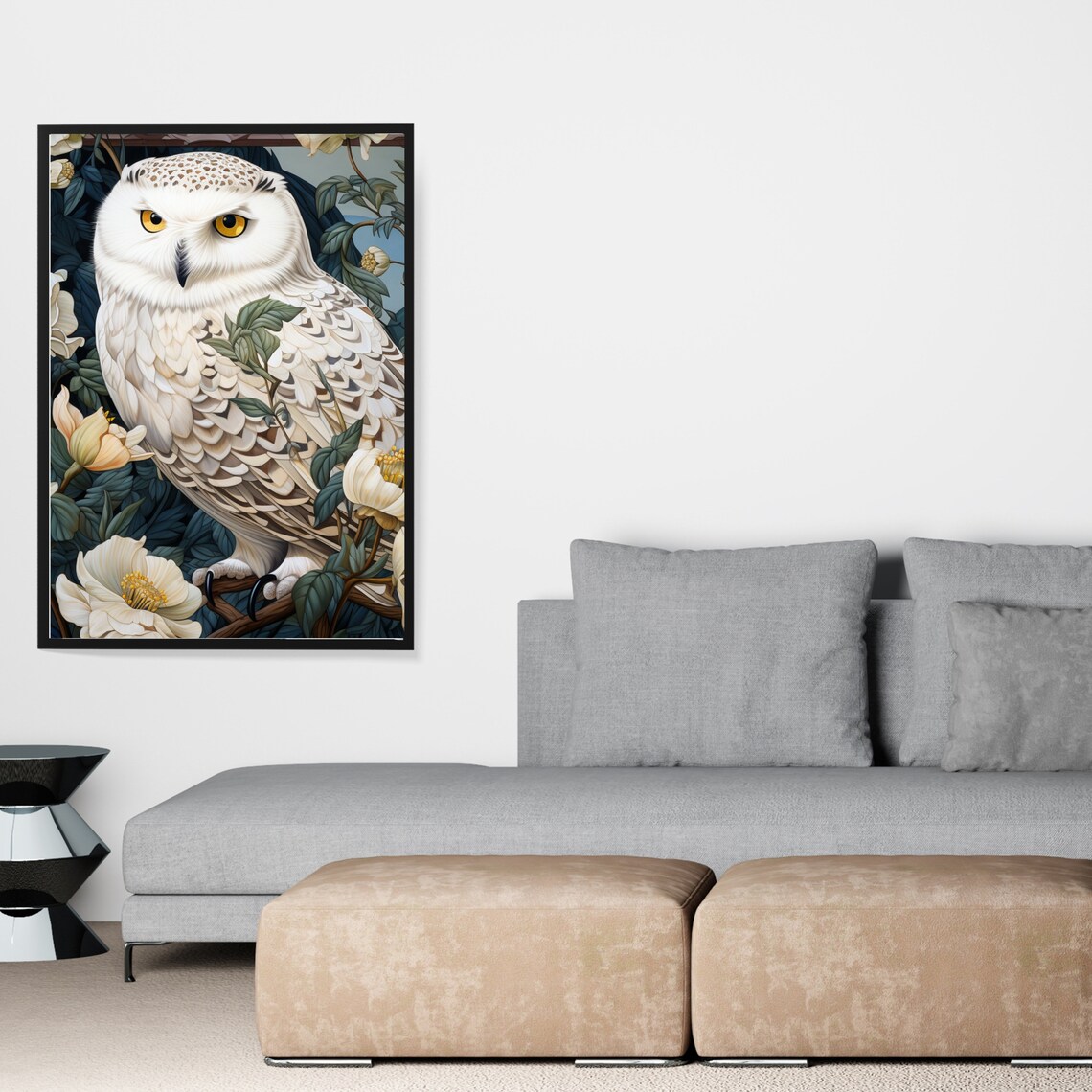 Snowy White Owl Golden Eyes Floral Botanical Painting Poster - Image 2