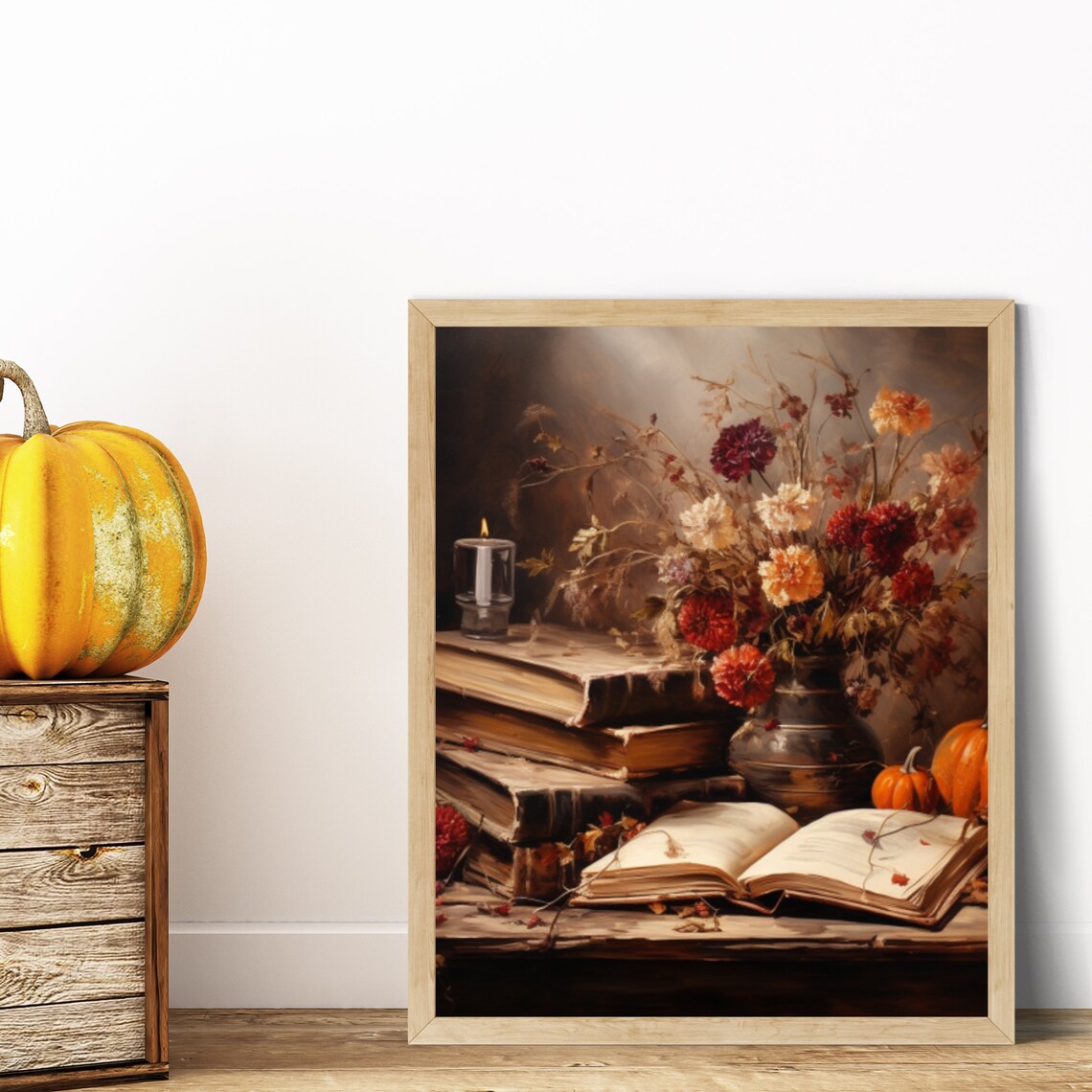 Cozy Autumn Still Life Antique Books Open Book Pumpkins Dark Art Poster - Image 6