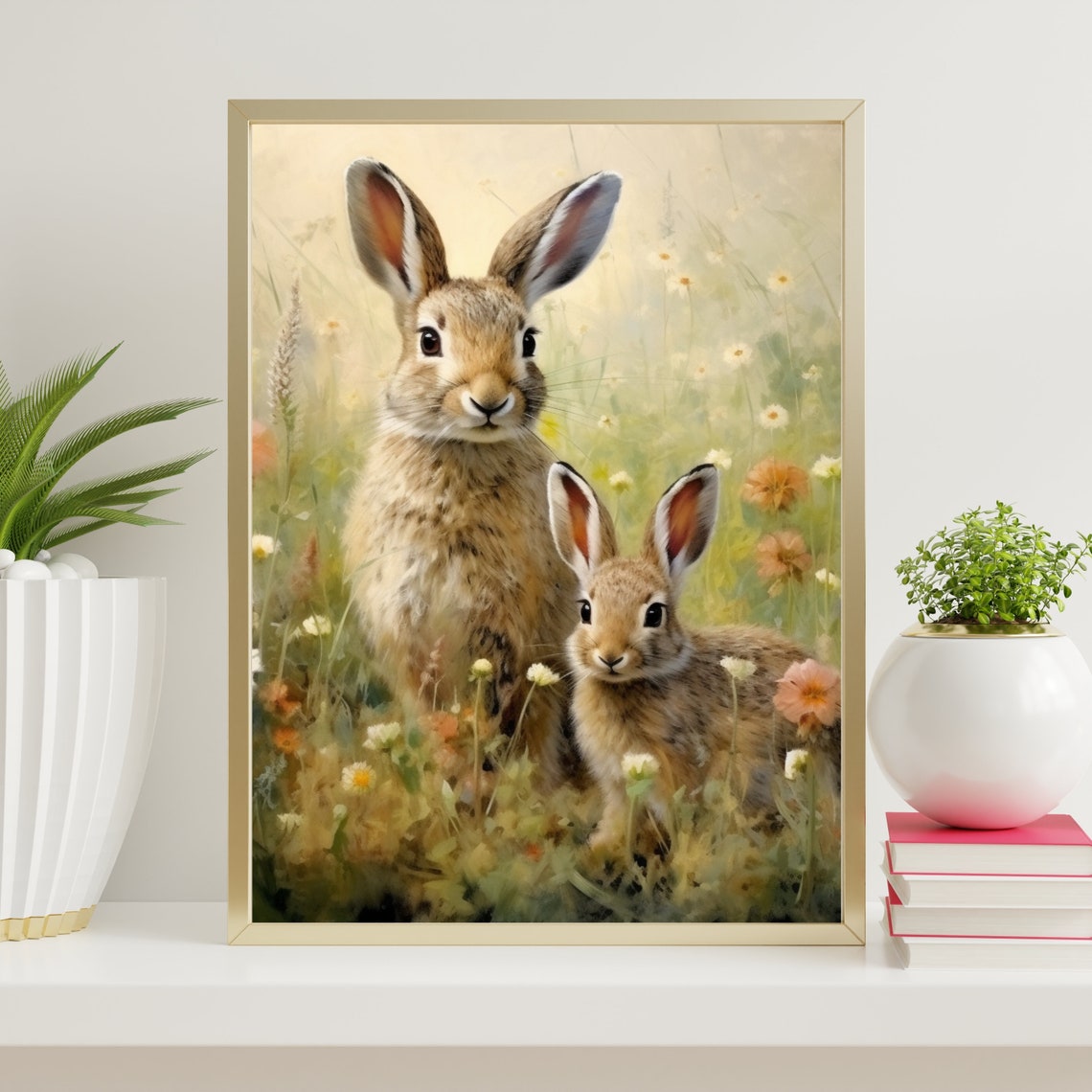 Two Bunnies Wildflower Meadow Cute Rabbit Pair Painting Poster - Image 4
