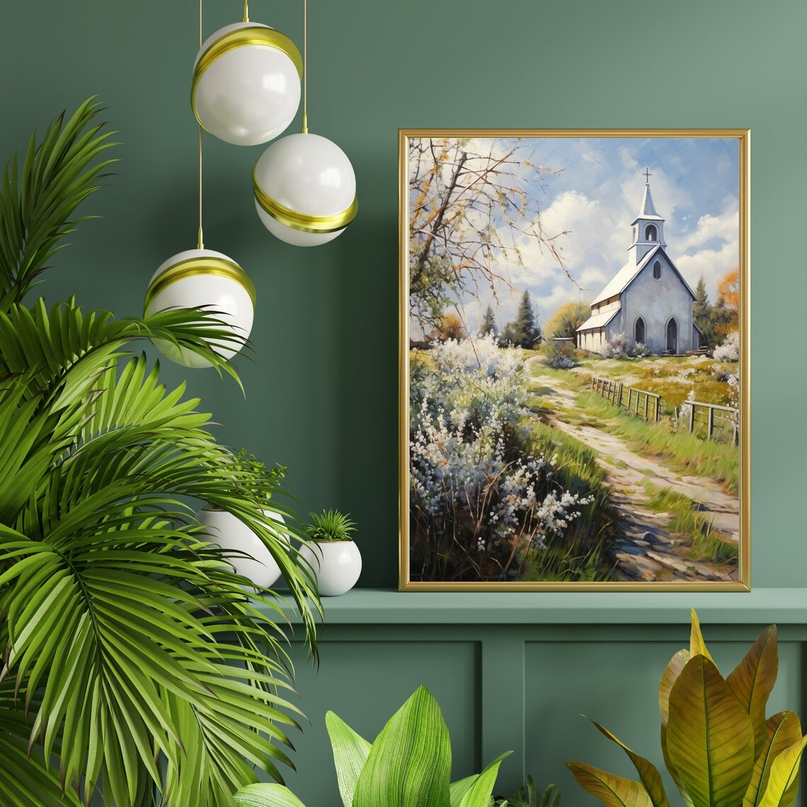 White Country Church Spring Blossom Meadow Chapel Oil Painting Poster - Image 4