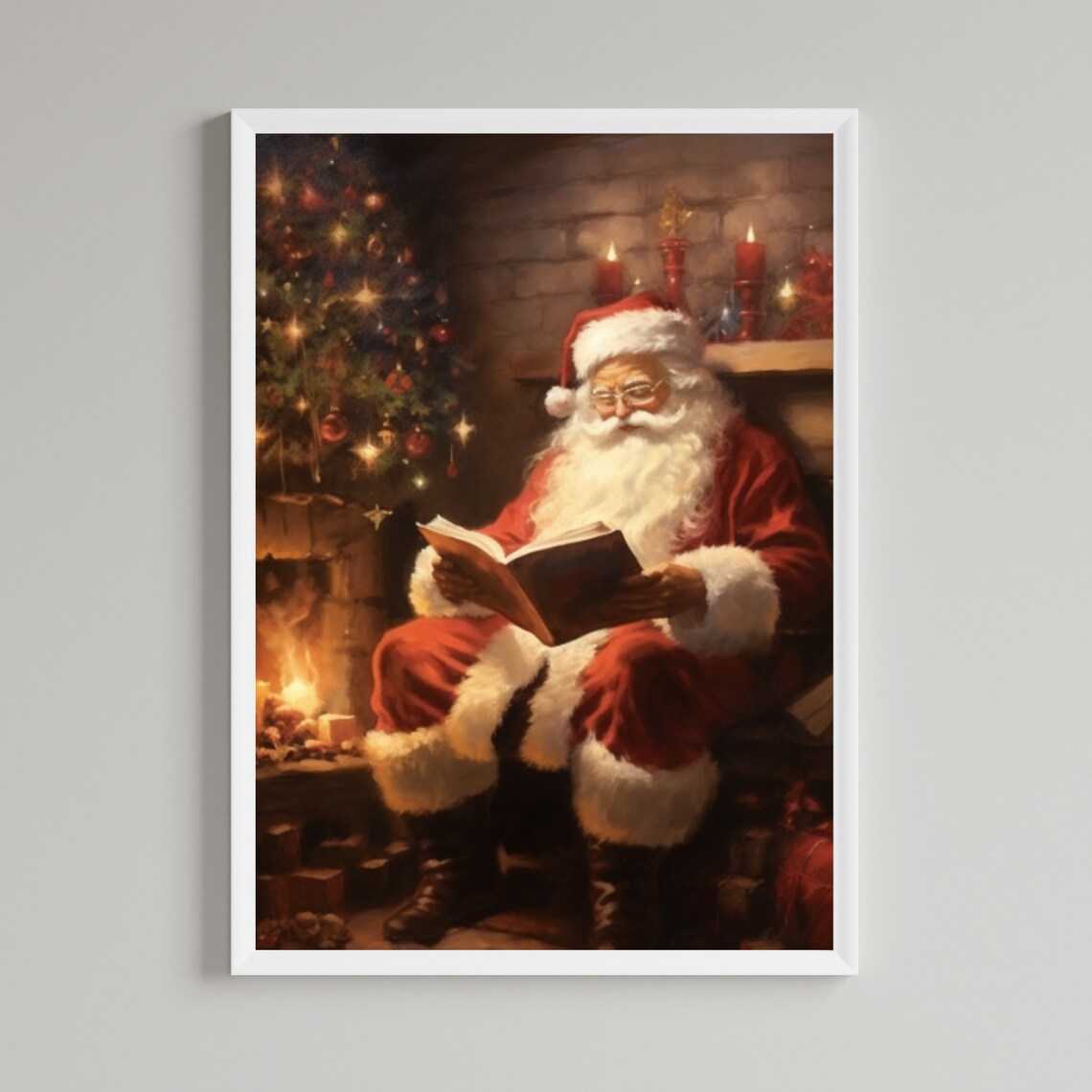 Santa Claus Reading Book By Fireplace Cozy Christmas Art Poster - Image 6