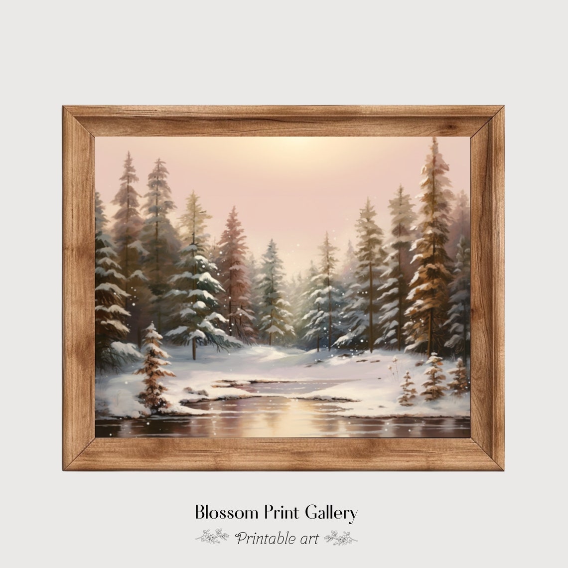 Snowy Winter Forest with a Quiet Pond Under a Blush Pink Sky Wall Art - Image 6