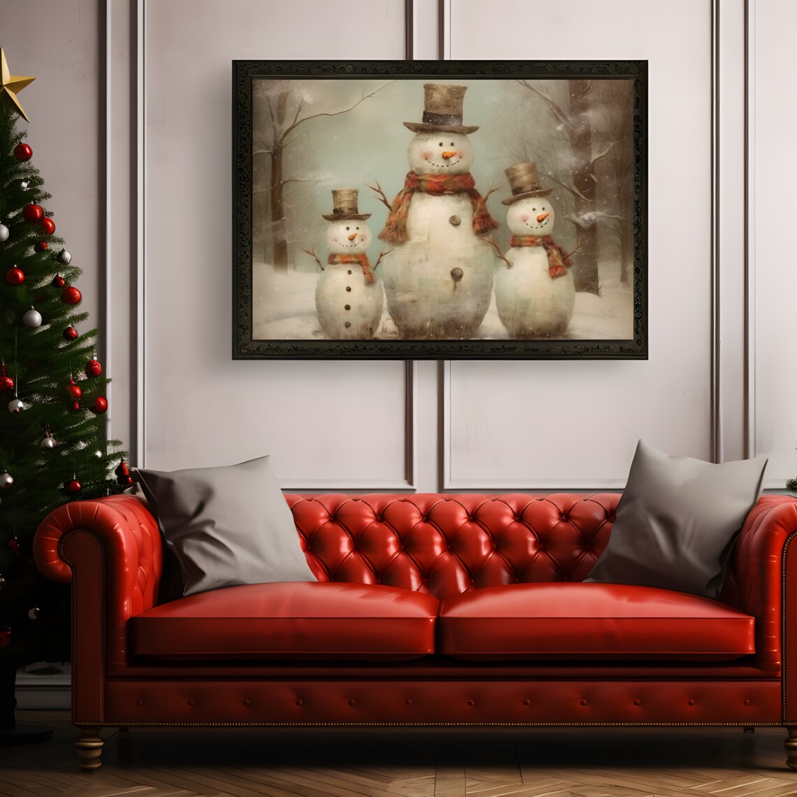 Vintage Snowman Family Three Snowmen With Top Hats Winter Scene Poster - Image 4