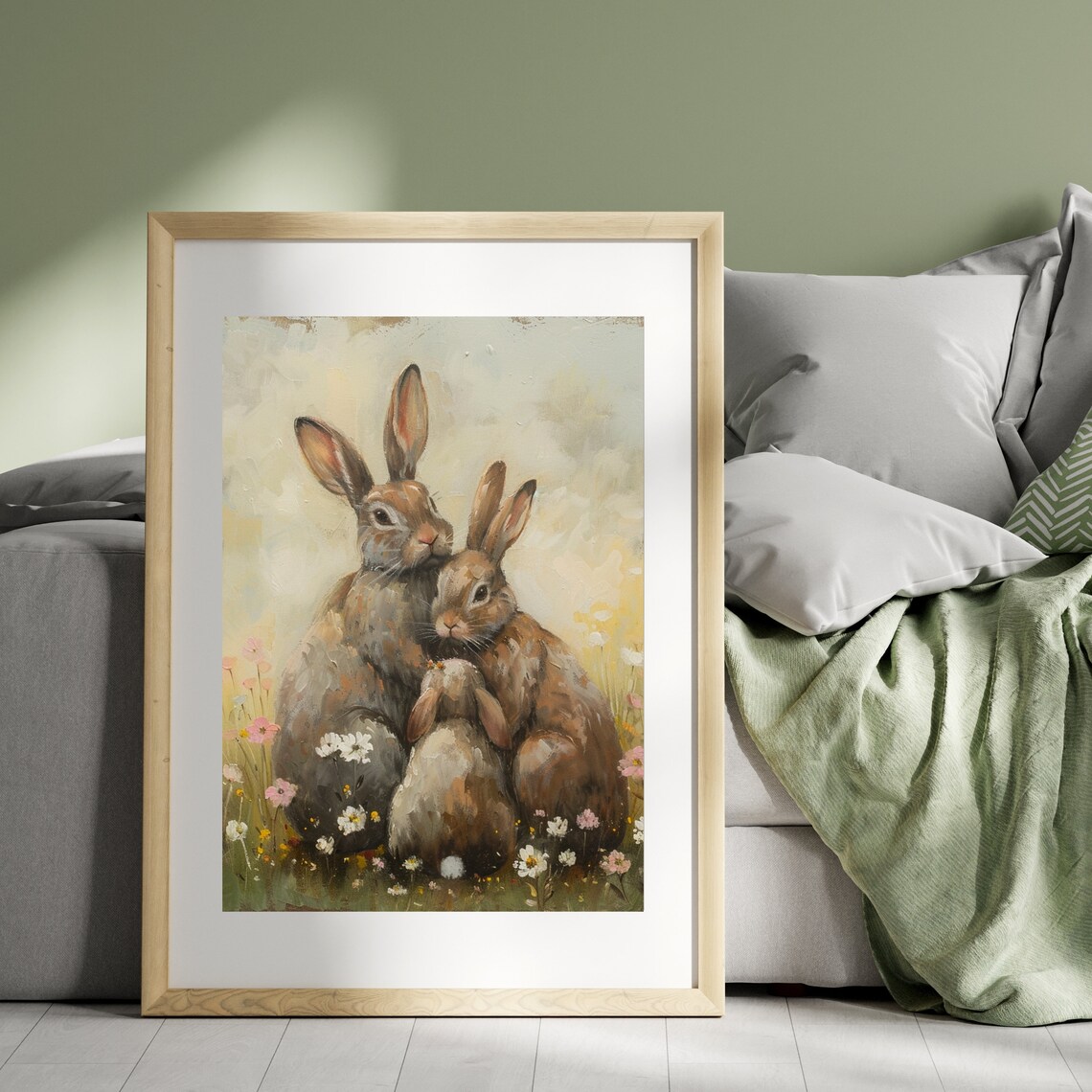 Vintage Rabbit Family Painting, Rustic Easter Art Print - Image 3