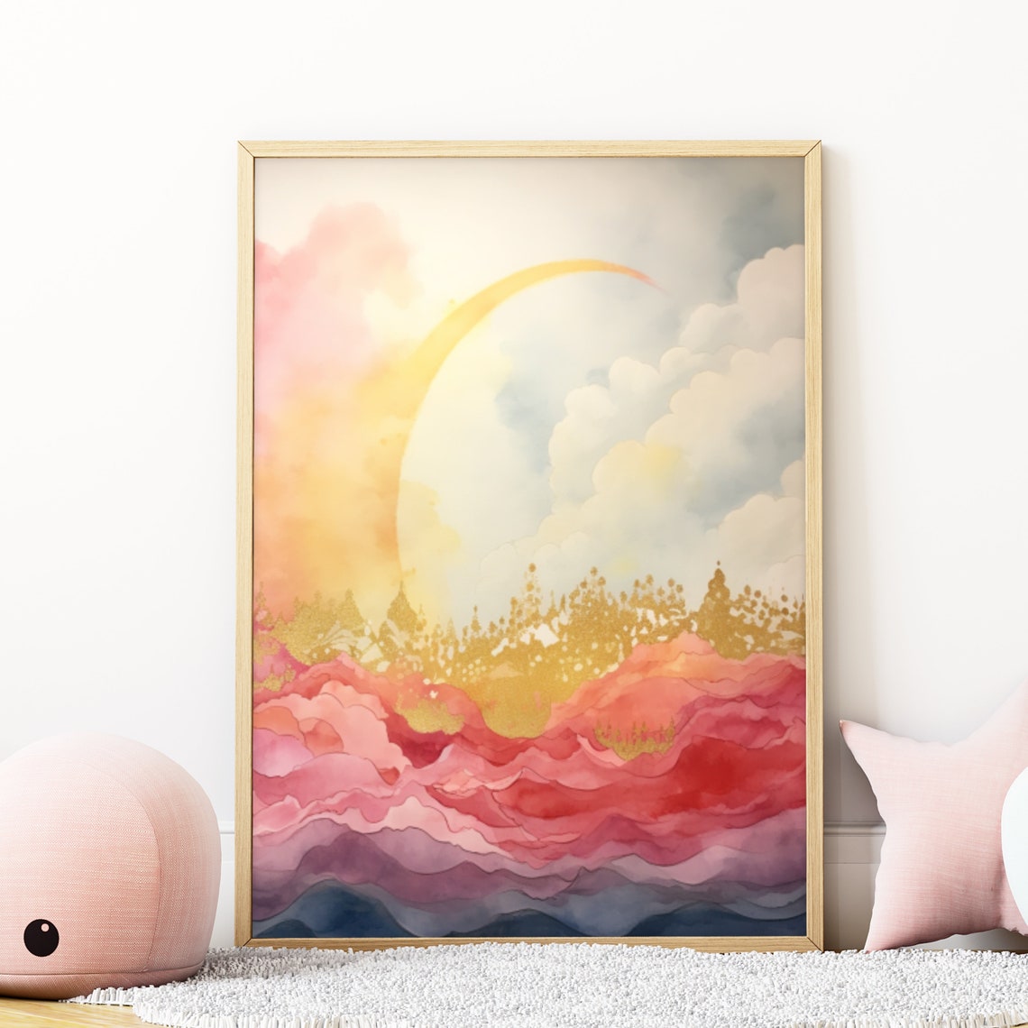 Pink and Gold Abstract Moon over Wavy Hills Watercolor Poster